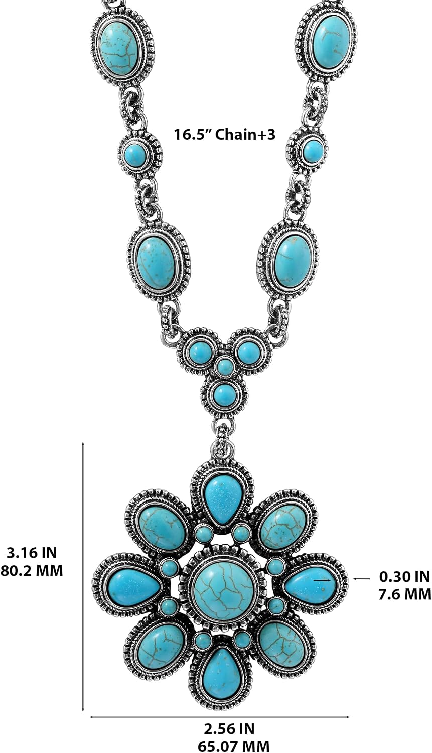 Jessica Simpson Womens Large Turquoise Stone Flower Necklace 16" - Silver or Gold-Tone Turquoise Statement Necklace