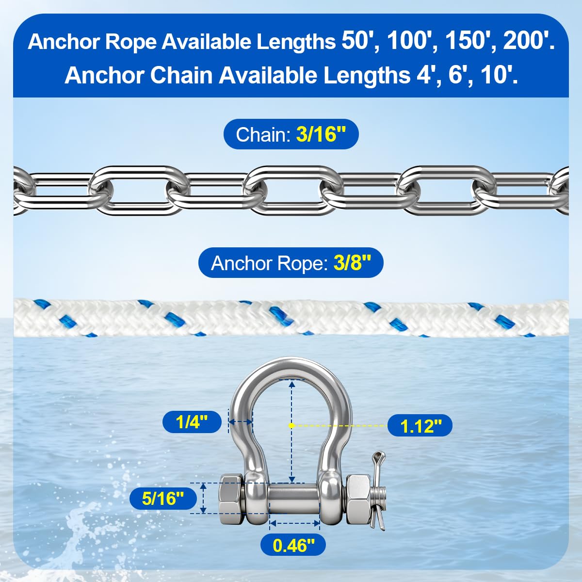 Kit di corda e catena di ancoraggio per barca, linea di ancoraggio 3/8" x 100', catena in acciaio inossidabile 316 3/16 "x 6", ditale impiombato e grilli, corda di ancoraggio resistente per