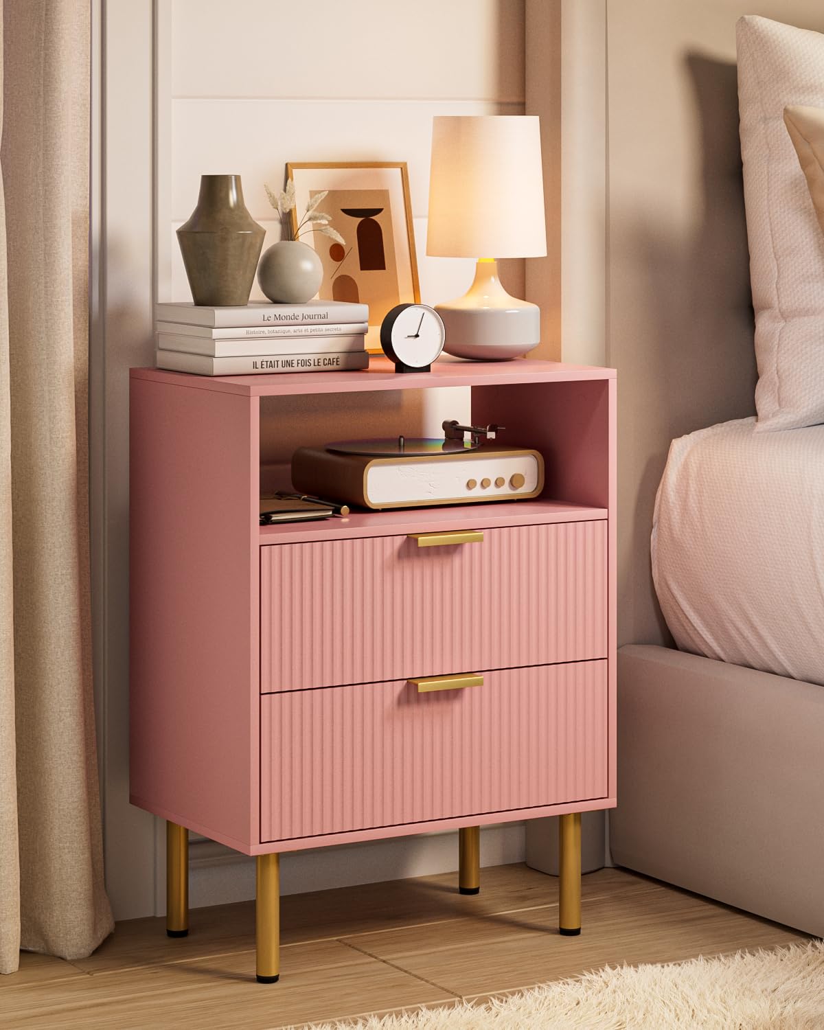 AEPOALUA Night Stand,25.6" H Bedside Table with 2Drawers and Open Shelf,Morden Nightstand with Gold Frame,Fluted Side Table with Gold Frame,End Table