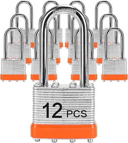 LQYN Candado laminado con llave (1-916 pulgadas, 1.575 in), cerraduras iguales con llave, aro de plástico naranja, grillete largo, paquete de 12,