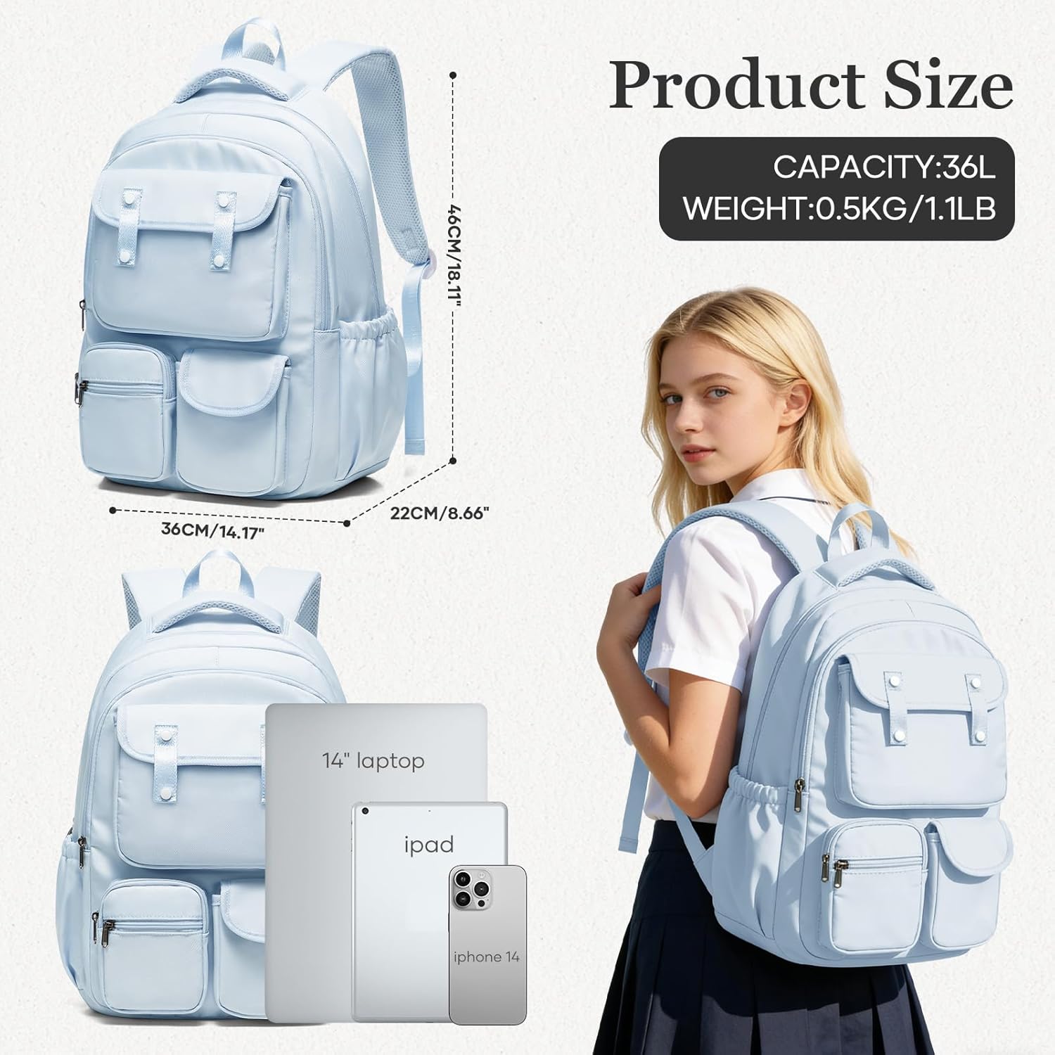 Cute Backpacks for School Women Men, Waterproof Aesthetic College Backpack, Lightweight School Bag for Teens Boys Girls, Casual Daypack Middle Students Book Bag, Blue