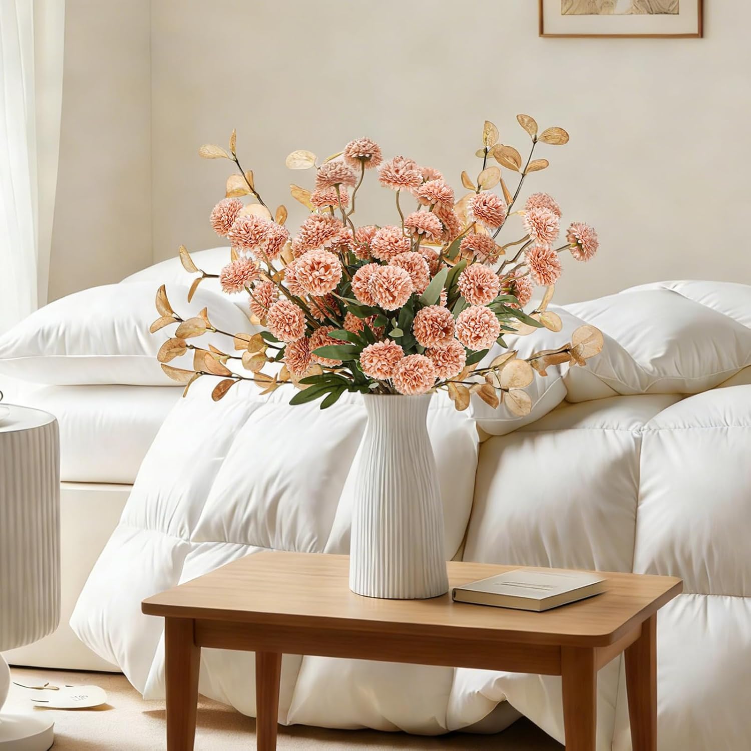 Beige Faux Silk Pompon Mums Artificial Flowers - 12 Pcs Fake Kiku Flowers Bulk with Eucalyptus Leaves, Long Stems Chrysanthemums Ball Flower for DIY Centerpiece Party Spring Home Decor