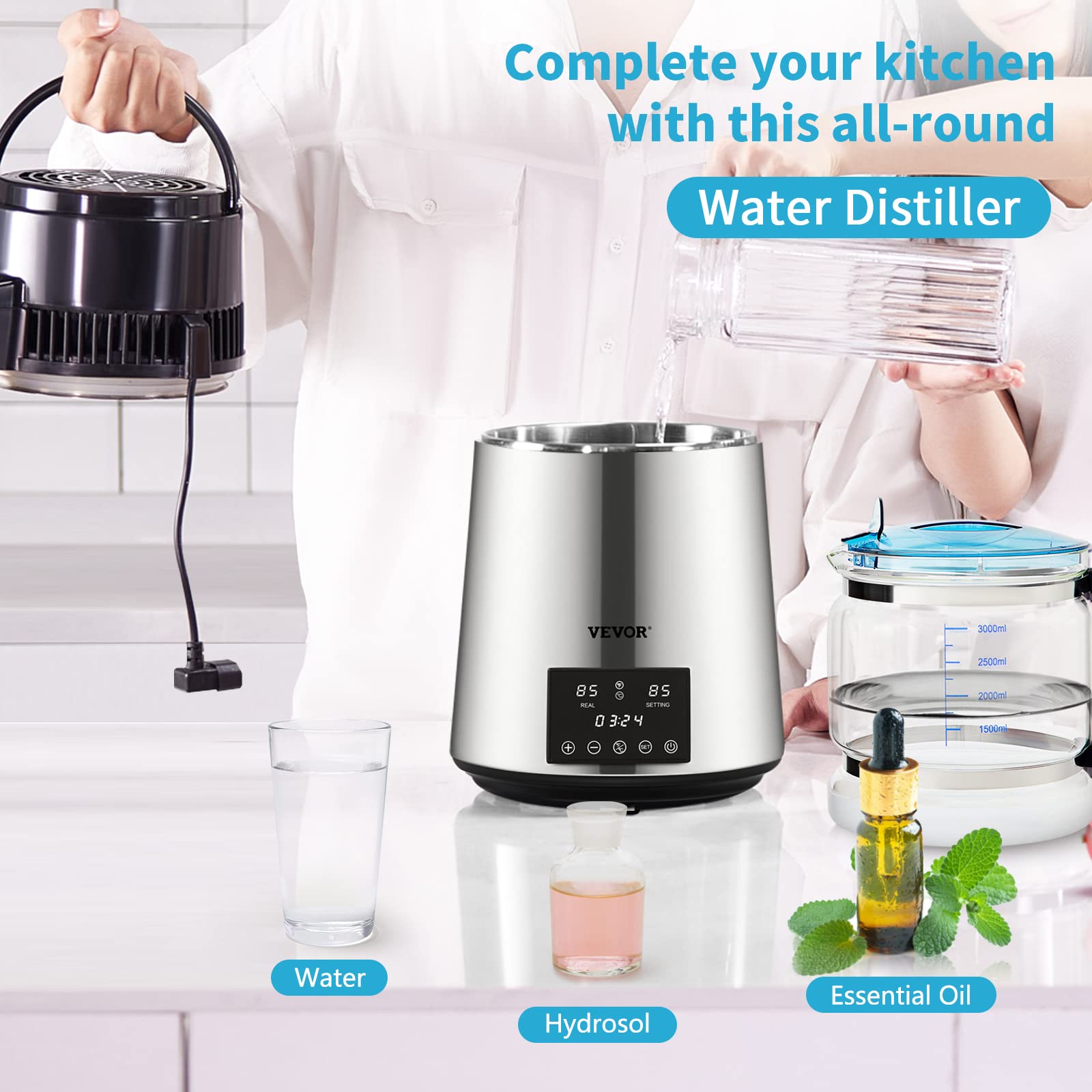 VEVOR Distillateur d'Eau 4 L Machine à Eau Distillée 750 W 1 L/h Machine à Distiller l'Eau Inox Alimentaire Sûr Température Temps Réglables Récipient en Verre Purification Maison Bureau Clinique Rouge
