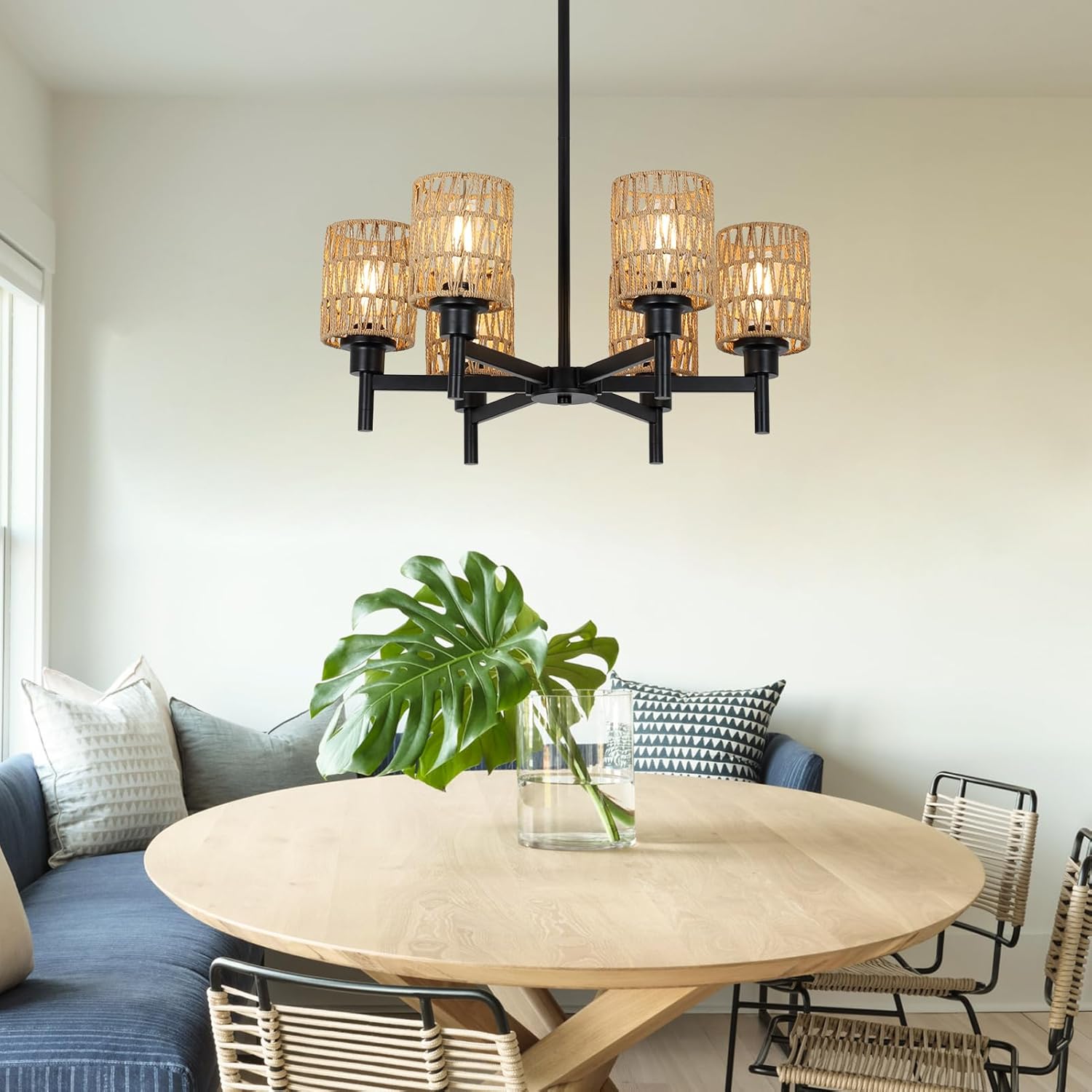 Airposta Rattan Farmhouse Chandelier for Dining Room, Black Pendant Lights Kitchen Island Lighting, Boho Chandeliers Ceiling Hanging Lamp, Rustic Dining Room Light Fixture for Living Room Bedroom Hall