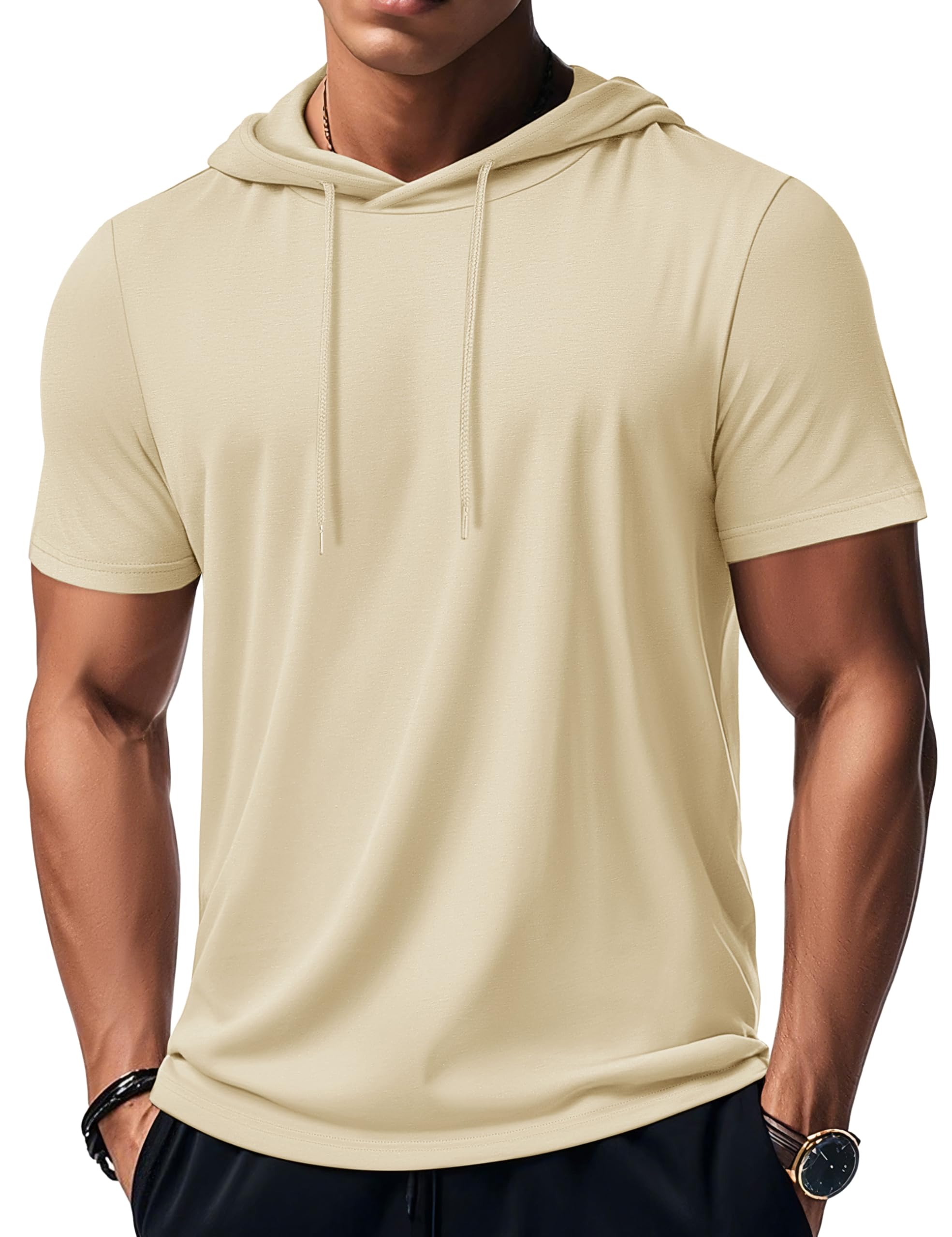 Photo 1 of [MINOR DAMAGE] MAGCOMSEN Short Sleeve Hoodies for Men Hoodie Gym Athletic Lightweight Shirts Summer Moisture Wicking Pullover Workout Top Apricot Medium