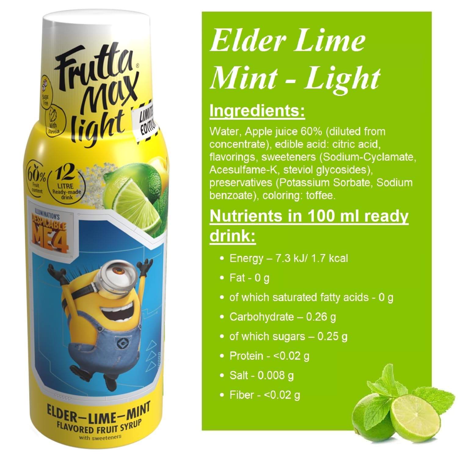 2 paquetes - Light - Bajo en carbohidratos - Jarabe de fitness de FruttaMax | Azúcar Cero | con Stevia | 50-60% Contenido de Fruta (2x500ml) (2 x Minions Flor de Saúco-Lima-Menta - Light)