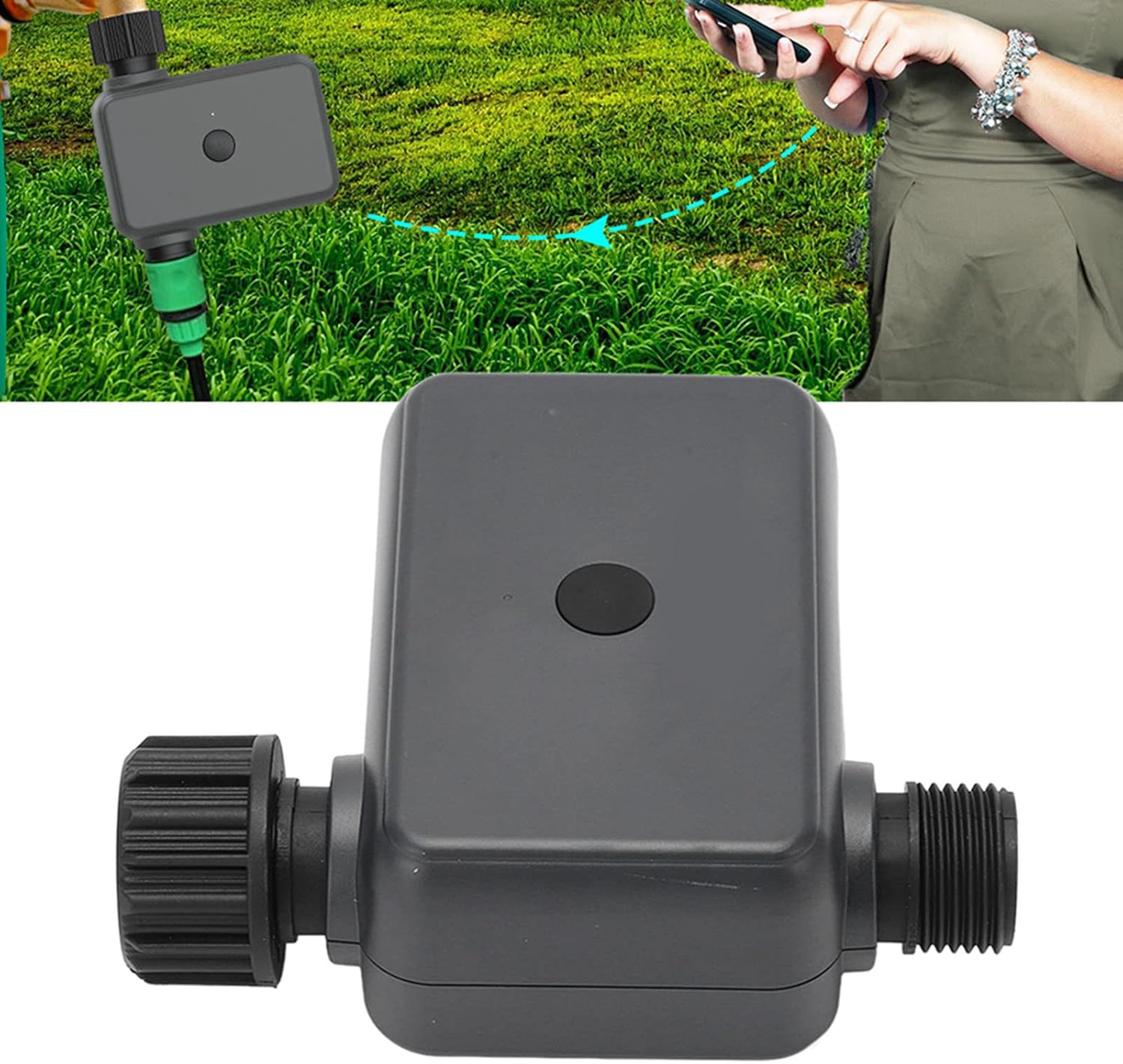 Person using smartphone to control water timer remotely