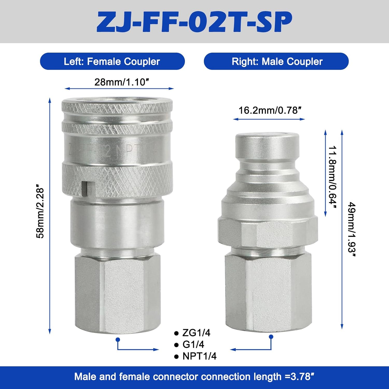 1/4" Body & 1/4" NPT Hydraulic Quick Connect Fittings Thread Set - Flat Face Hydraulic Couplers with Dust Caps, High Flow Skid Steer ISO 16028 Hydraulic Fittings