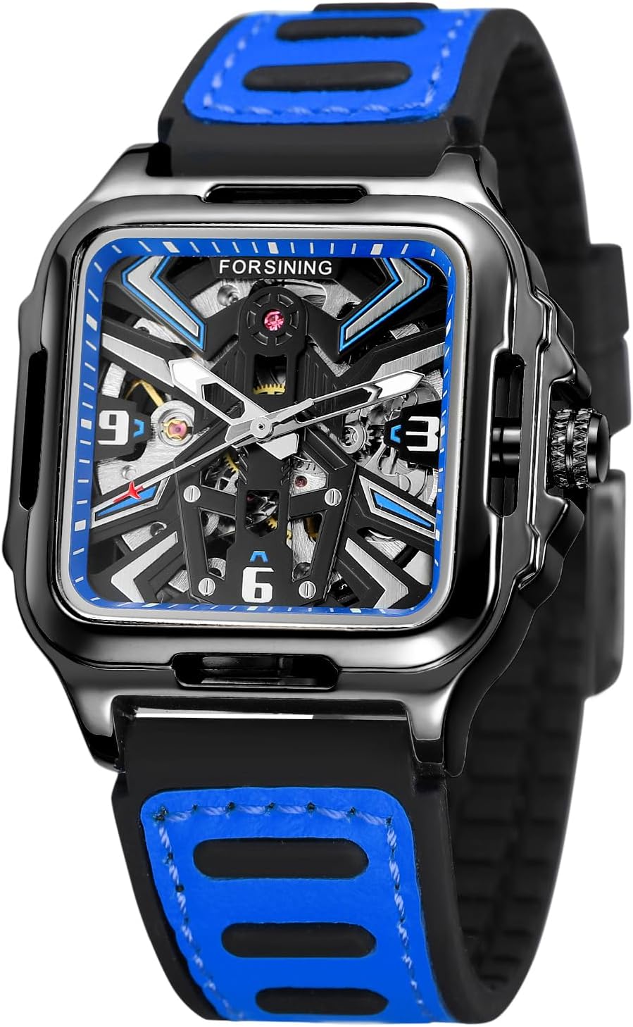 FORSINING Men's Stainless Steel Automatic Self Wind Skeleton Retro Square Silicone Strap Wristwatch