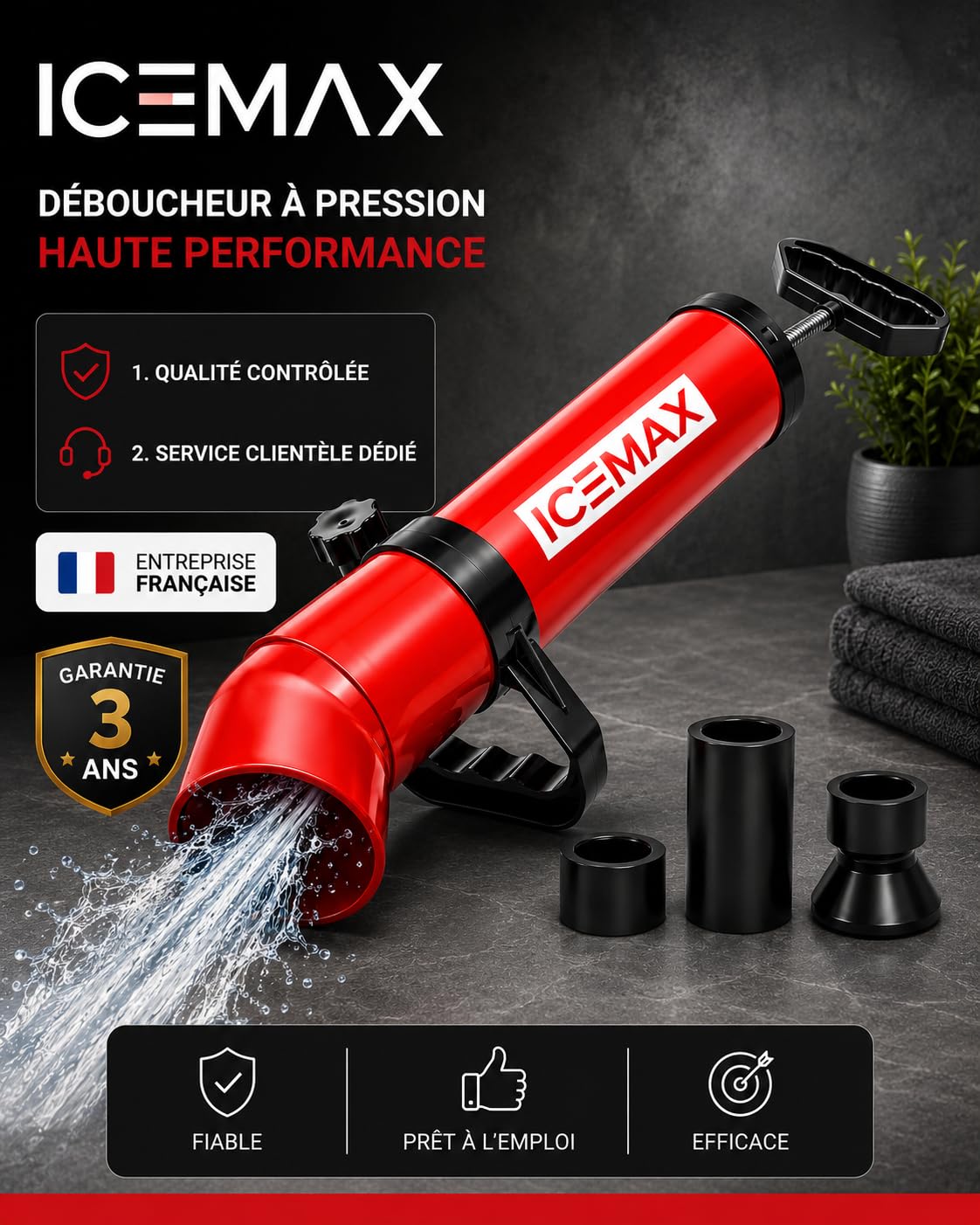 ICEMAX® Déboucheur canalisation WC EVIER DOUCHE avec 3 têtes Marque Francaise I déboucheur wc I déboucheur canalisation professionnel I deboucheur canalisation haute pression I Ventouse déboucheur