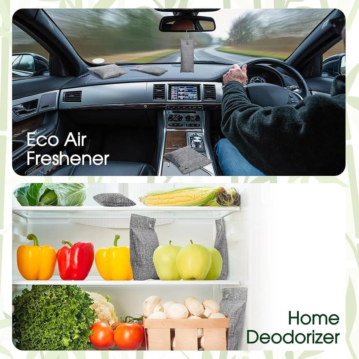 Activated Charcoal Air Purifying Bag (10 Pack 75g Each) Bamboo Charcoal Odor Absorber Air Freshener for Shoes, Closet, Car, Green