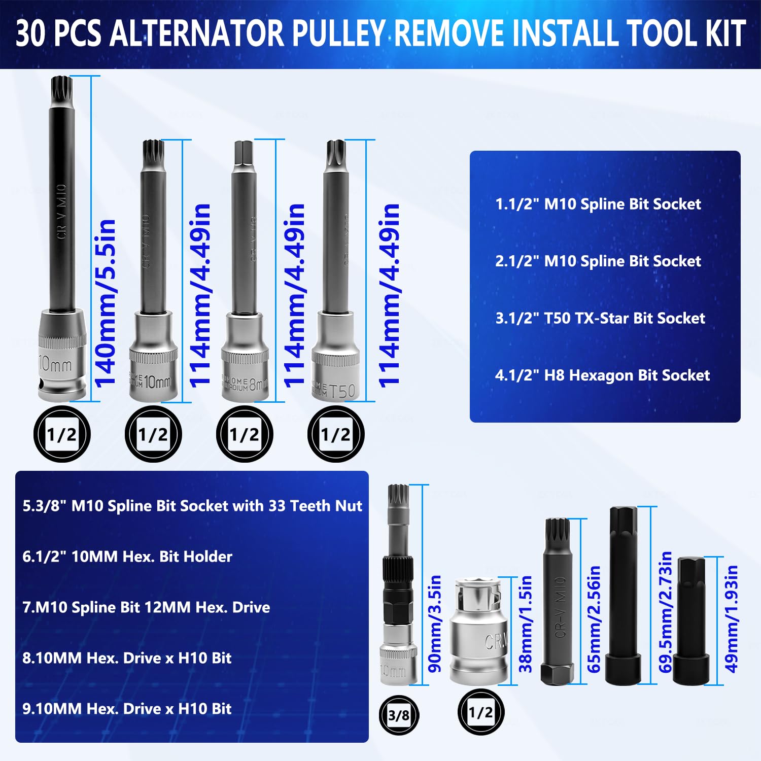 ZKTOOL 30 piezas Juego de Herramientas de Extracción de Polea de Ranura de Alternador Automotriz, Juego de Brocas de Tope Trasero para Alternador, Extractor de Volante, Herramienta de Polea