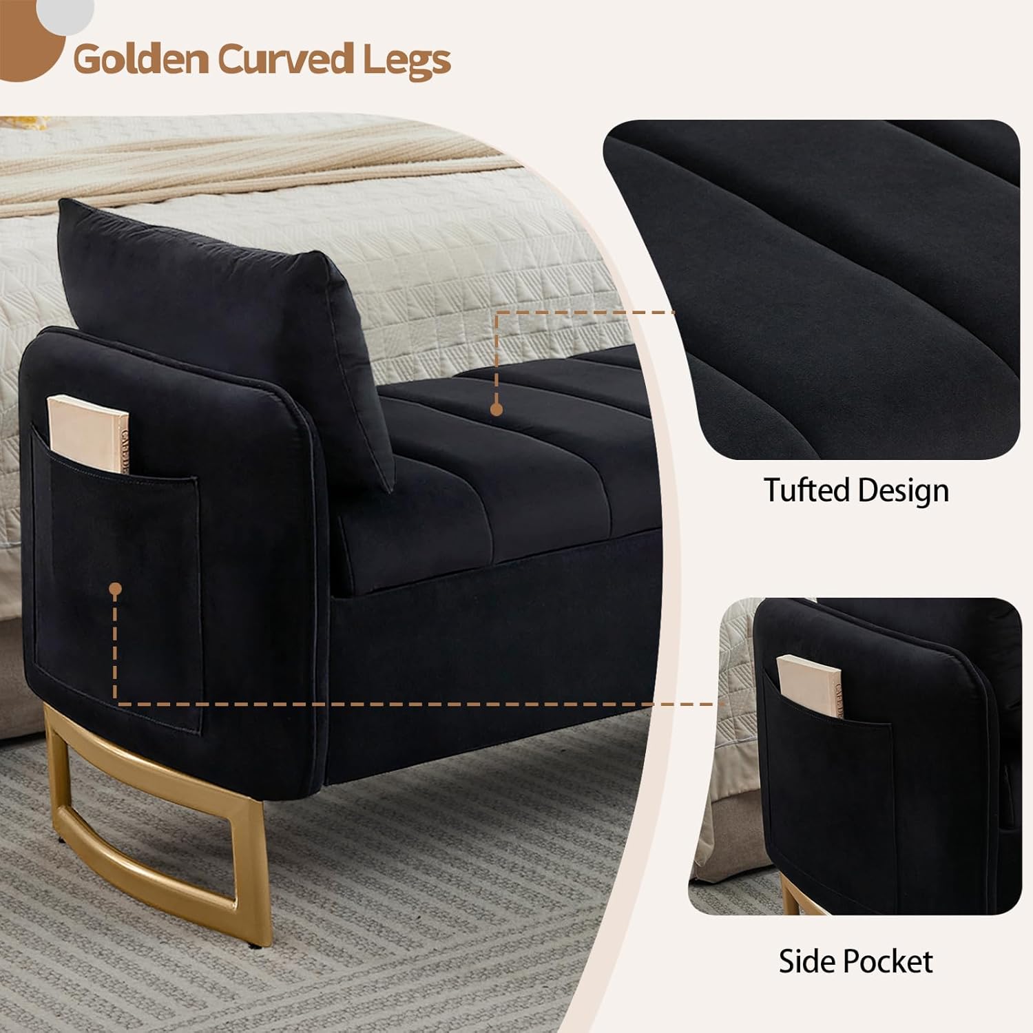66" End of Bed Storage Bench King Size, Velvet Storage Benches for Bedroom Foot of Bed, Upholstered Storage Ottoman Bench with Golden Legs and Pillow for Living Room Window Entryway, Black