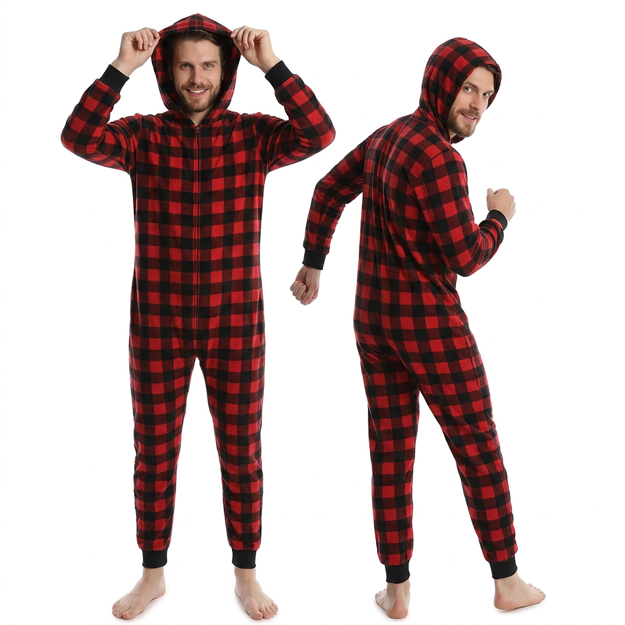 Men’s Fleece Onesie – Full Zip Hooded Union Suit – Soft Adult One-Piece Year-Round Lounge…