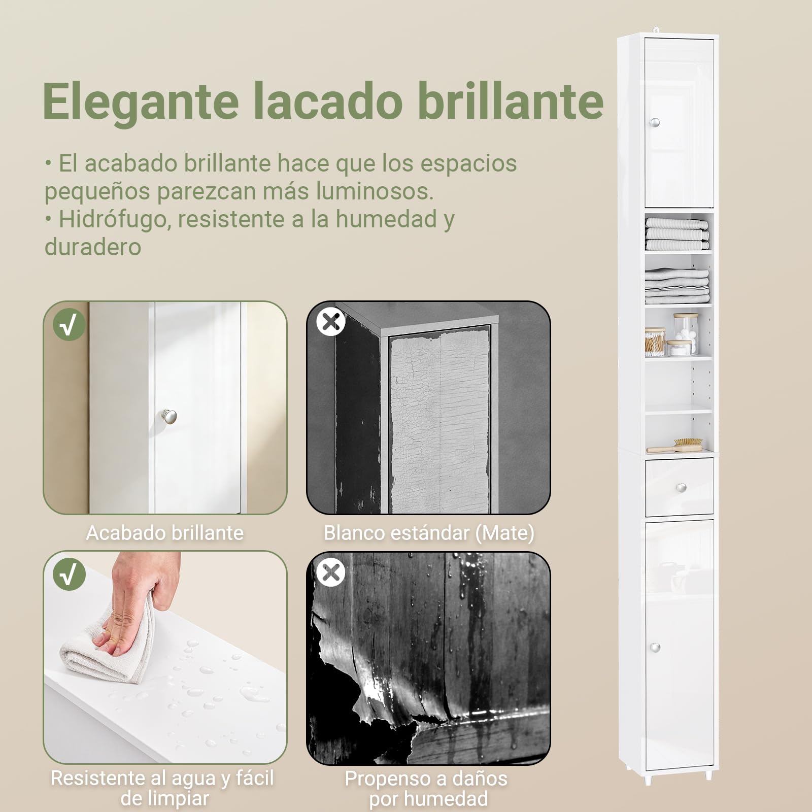 SoBuy Blanco Brillante Mueble Baño Estrecho Armario Columna 20x20x180cm | Estantería de Baño Alta con Cajón y Balda Ajustable Armario Auxiliar BZR167-GW