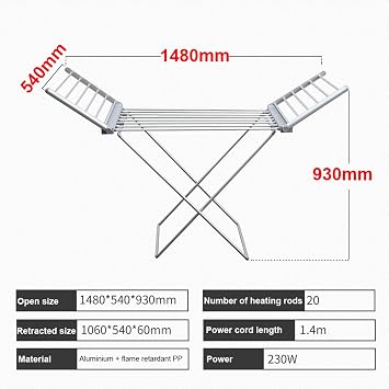 Winged Clothes Drying Rack, 230W Electric Heated Clothes Airer Dryer, Floor-Standing Folding Laundry Rack, Towel Rail Space Saving for Home Indoor/Outdoor