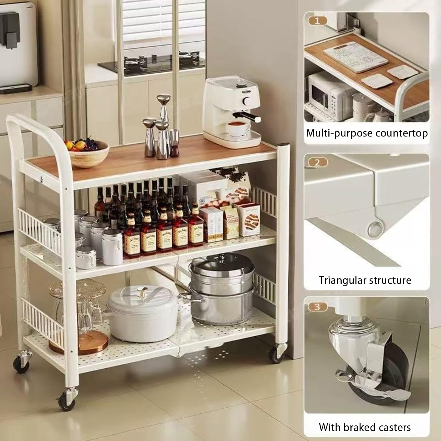 3-Tier Metal Folding Storage Rack with Wheels - Utility Cart Organizer for Snacks, Books, and Fruits - Versatile for Kitchen, Laundry Room, and Bathroom