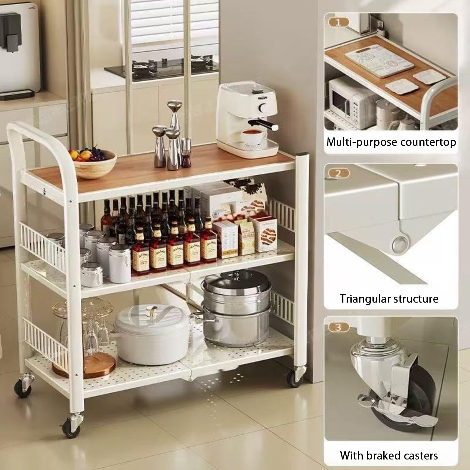 Carrello Cucina a 3 Ripiani in Metallo, Carrello da Cucina con Maniglia e Ruote, Scaffale Cucina Salvaspazio Organizzatore per Snack Libri Frutta Lavanderia o Bagno(Bianco,60cm/23.6in)