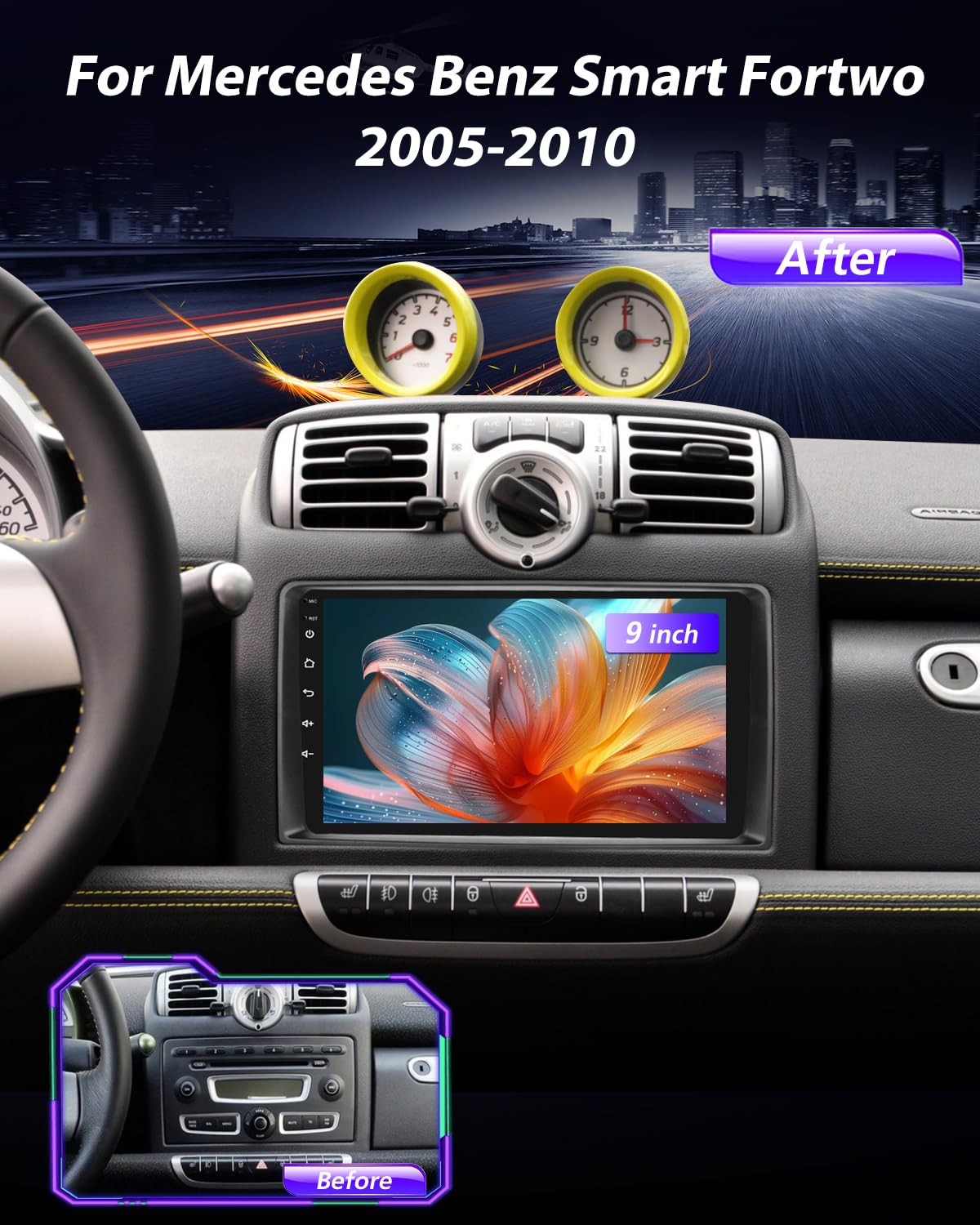 NHOPEEW Qualcomm 8 Core 4+64G Autoradio per Mercedes Benz Smart Fortwo 451 2005-2010 - 9 pollici Radio Supporto Carplay&Android Auto 5G Wifi&GPS DSP 3D Auto Mondel Display Ventola di raffreddamento