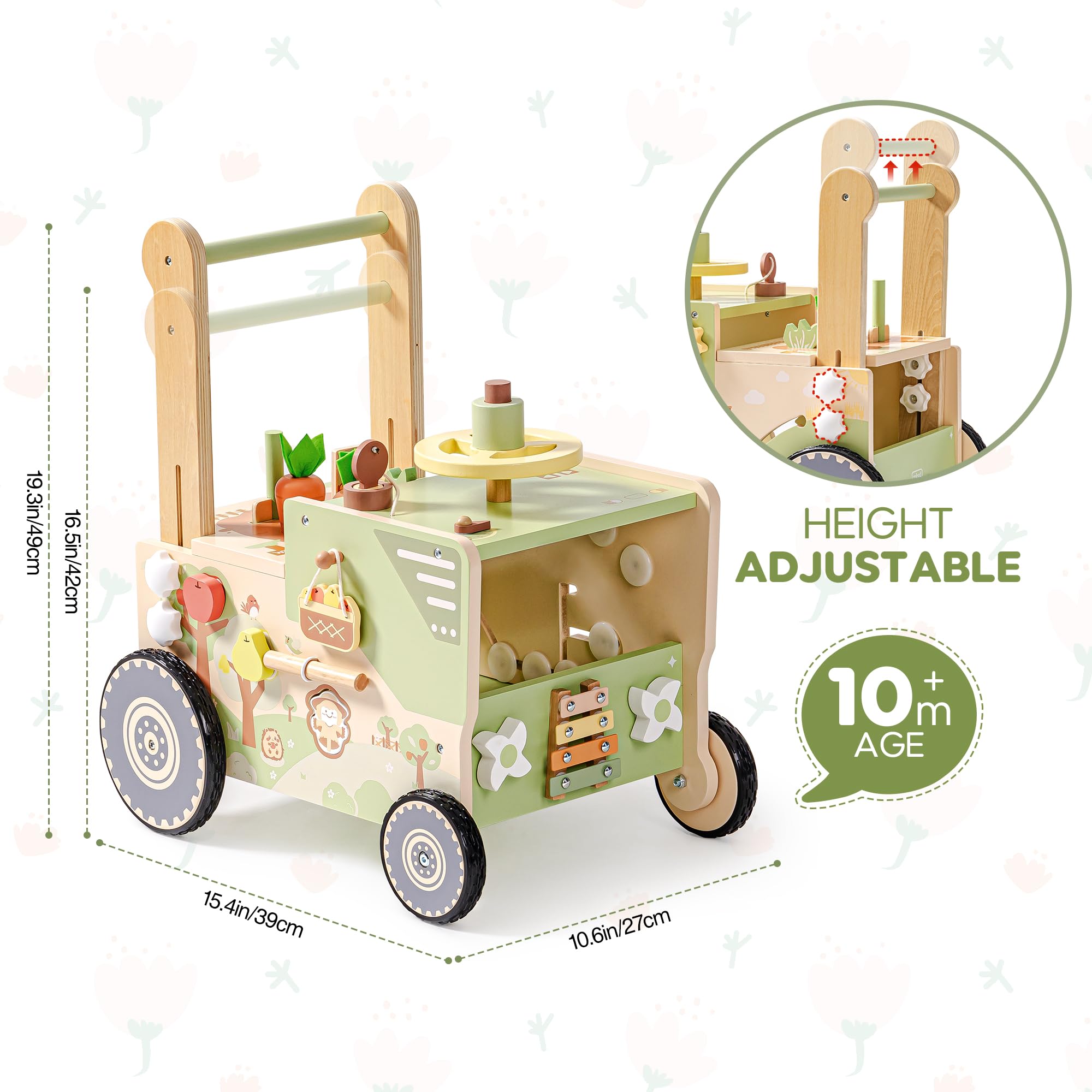 ROBUD Andador para bebé de 1 a 2 años, Andador de madera con ruedas sobre el tema de la granja, juguete de despertar Montessori regalo para bebés mayores de 10 meses (velocidad y altura regulables)