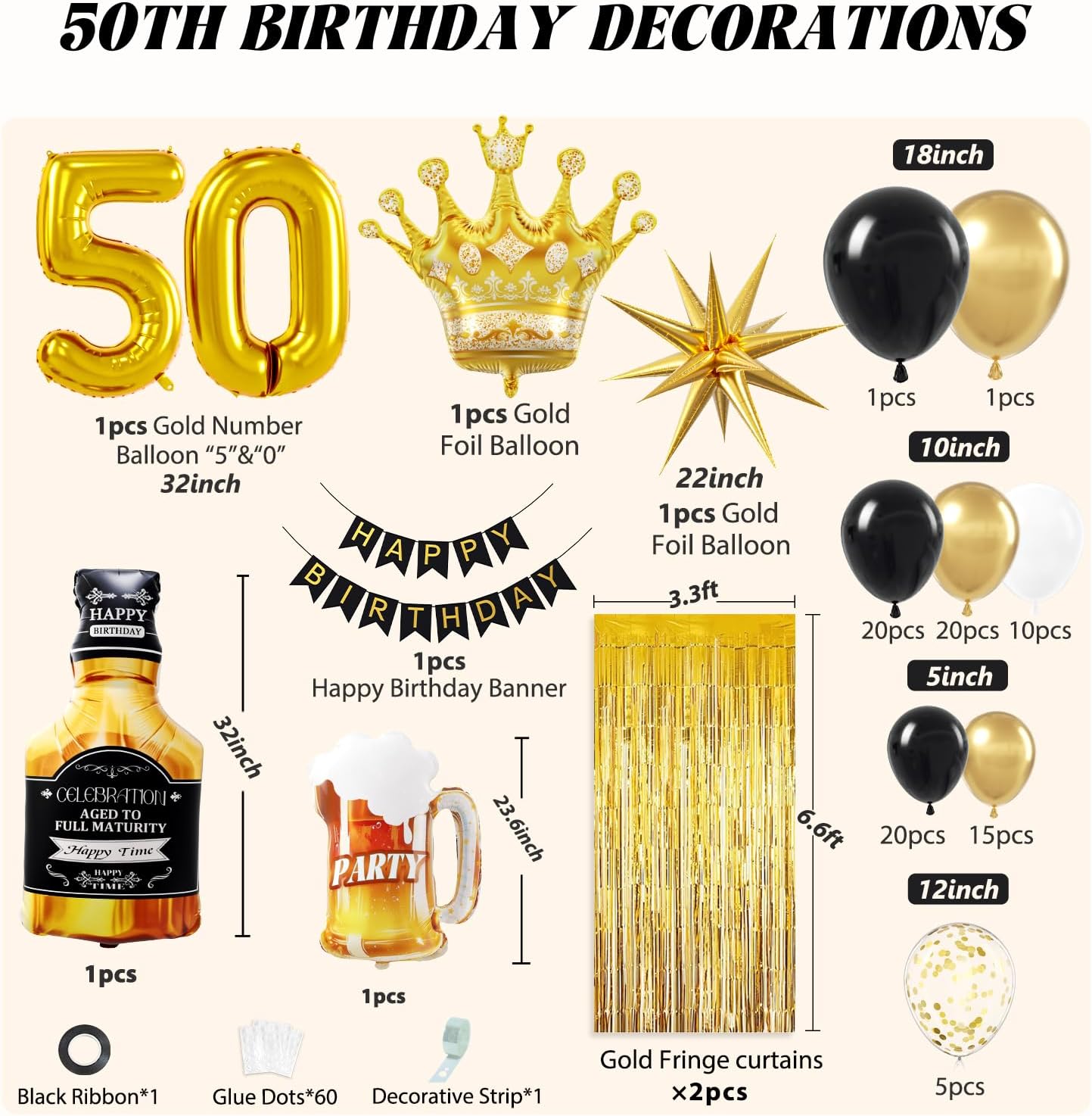 50th Birthday Decorations for Men with Black Gold Confetti White Foil Balloons Happy Birthday Banner Fringe Curtains for 50 Year Old Decorations - Image 2