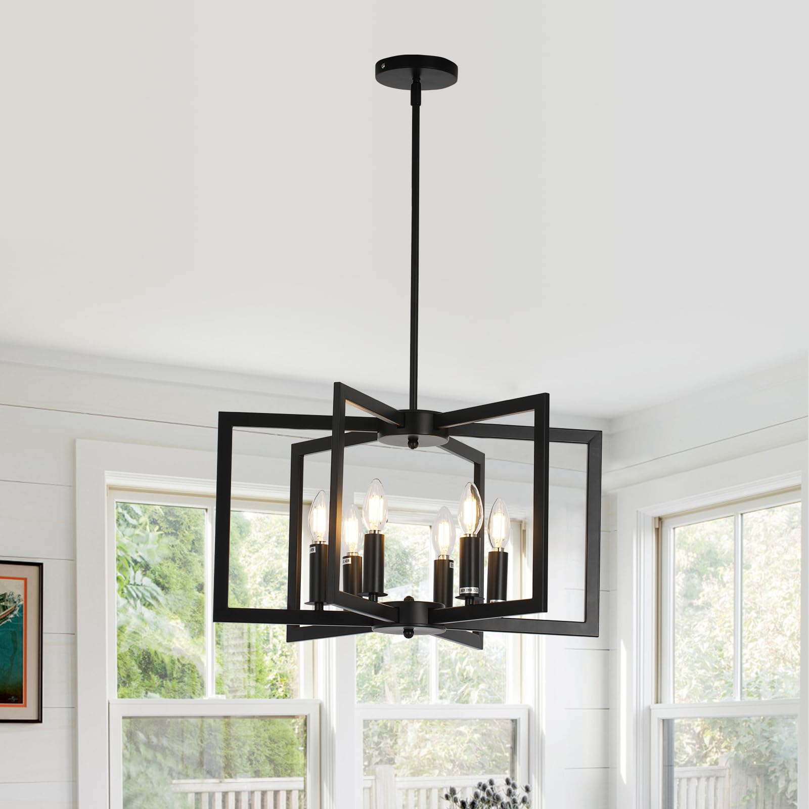 GEFOUN 6-Light Black Chandelier, Modern Geometric Dining Room Light Fixture, 21 Inch Industrial Metal Chandelier for Farmhouse Living Room Entryway