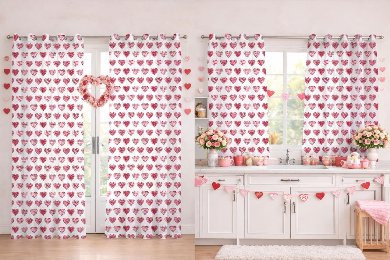 Romantic Valentine Cotton Curtains Combo | Red Heart Print Door & Window Curtains-image-11