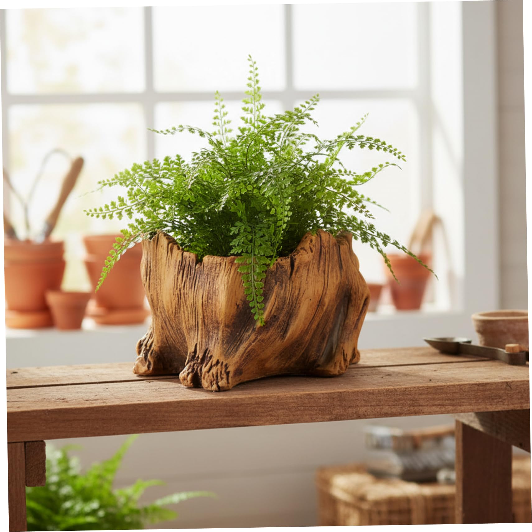 Latemeia Vintage Driftwood Planter, Cement Cactus Planter with Realistic Wood Texture - Rustic Bronze Finish Decorative Flower Pot for Succulents, Home & Garden Decor, Indoor Outdoor