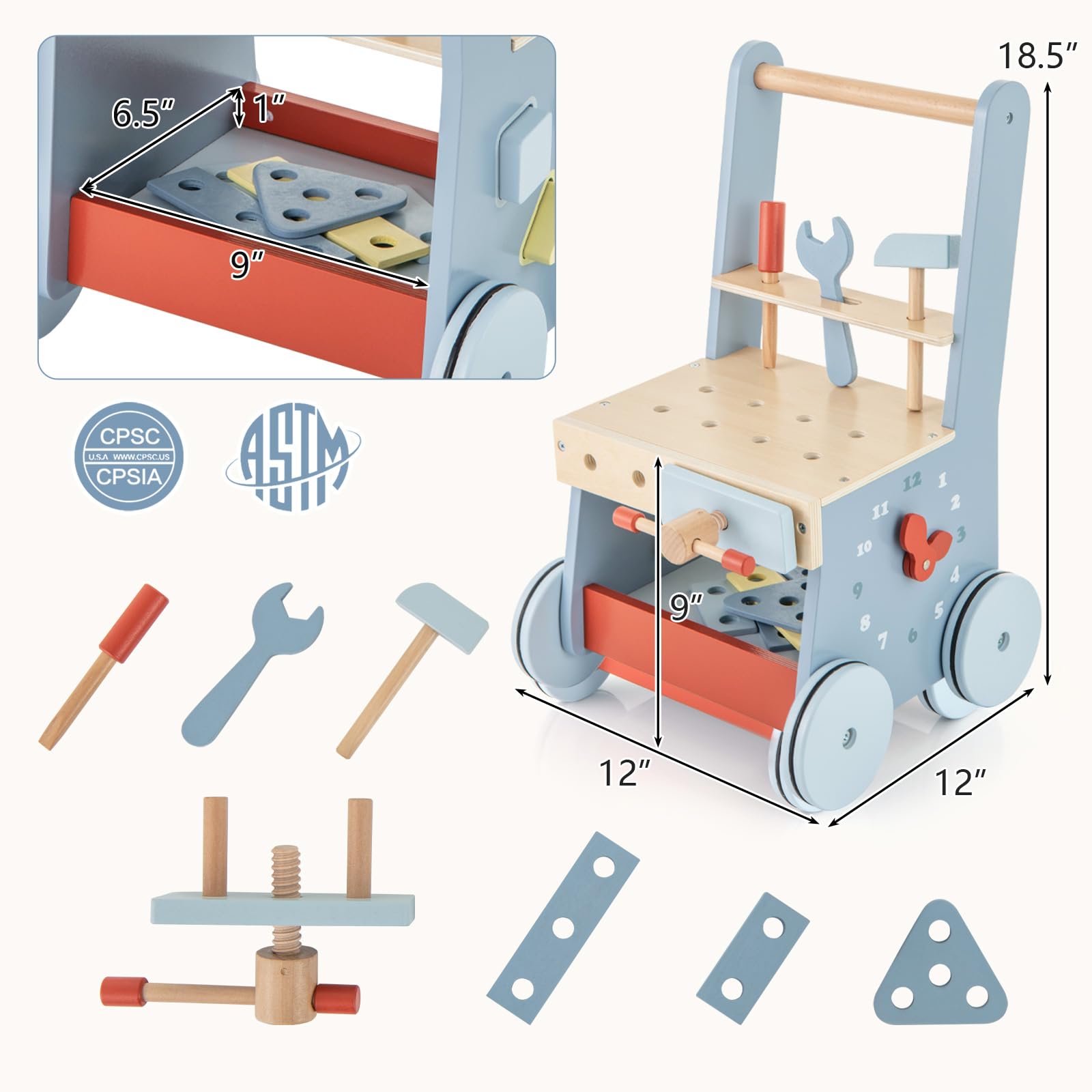 RELAX4LIFE 2 in-1 Carrello Primi Passi in Legno con Banco da Lavoro di Legno, Attrezzi Montessori, 4 Ruote, 30 x 30 x 47 cm (Modello 1)