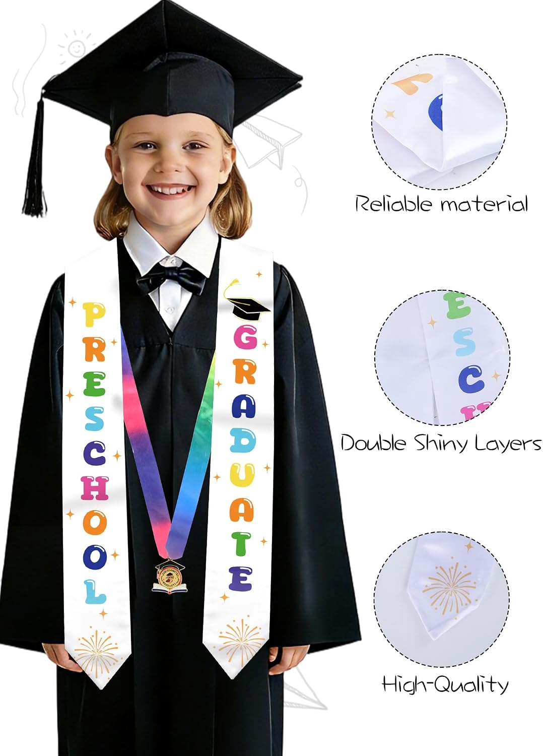 Kindergarten Preschool Graduation Cap and Stole - Grad Caps and Award Medals, Colorful Letter Printed Sash for Kid