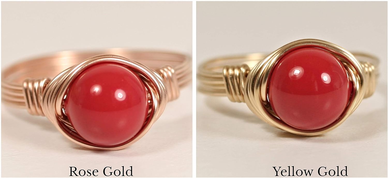 JESSICA LUU JEWELRY Red Coral Pearl Ring Wire Wrapped Rose or Yellow Gold Filled Handmade