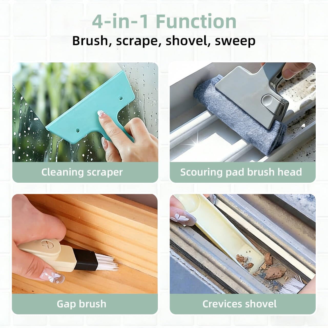 Window Track Cleaner, 4-in-1 Crevice Cleaning Brush (with Bristle Brush, Gap Dustpan, Scraper), Handheld Window Sill Cleaner Tool, Window Track Cleaning Tools for Sliding Door, Home Cleaning (3 Pack)