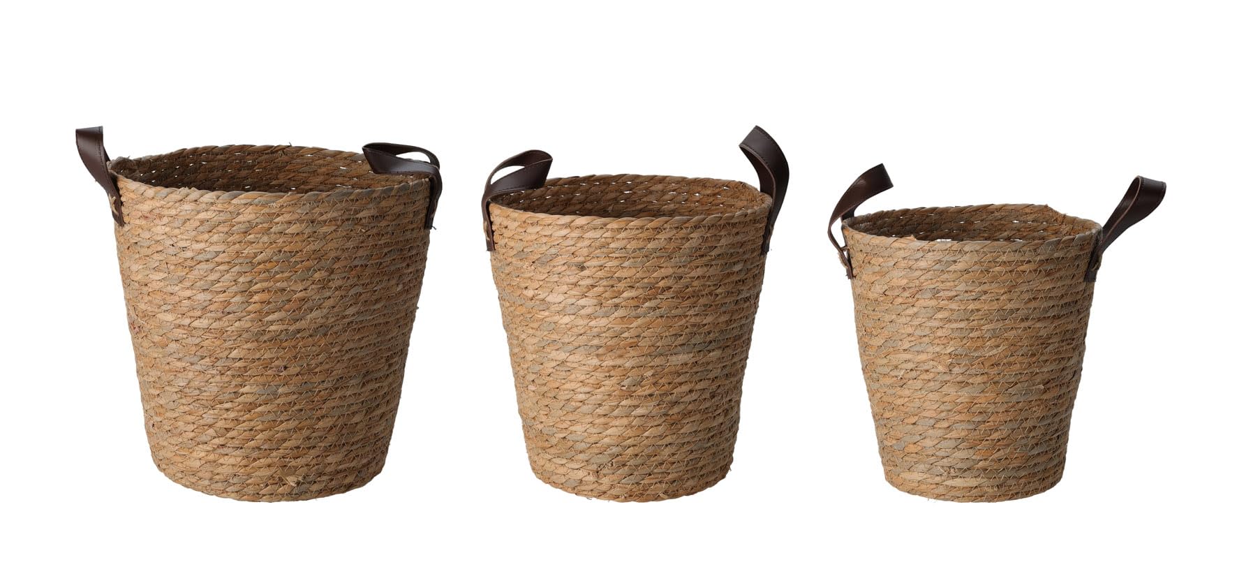 Spetebo Juego de 3 cestas de almacenamiento de algas marinas con asas, 30, 26, 24 cm, juego de cestas de fibras naturales robustas, cesta con asas de piel sintética, multiusos, estantería decorativa
