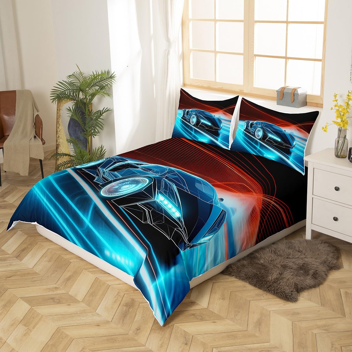Speed Sports Car Duvet Cover Set Black Race Car Blue Bedding Set for Kids Boys Girls Extreme Sport Theme Comforter Cover Cool Speed Decor Bedding & Linen Bedroom 3Pcs King Size - Image 2