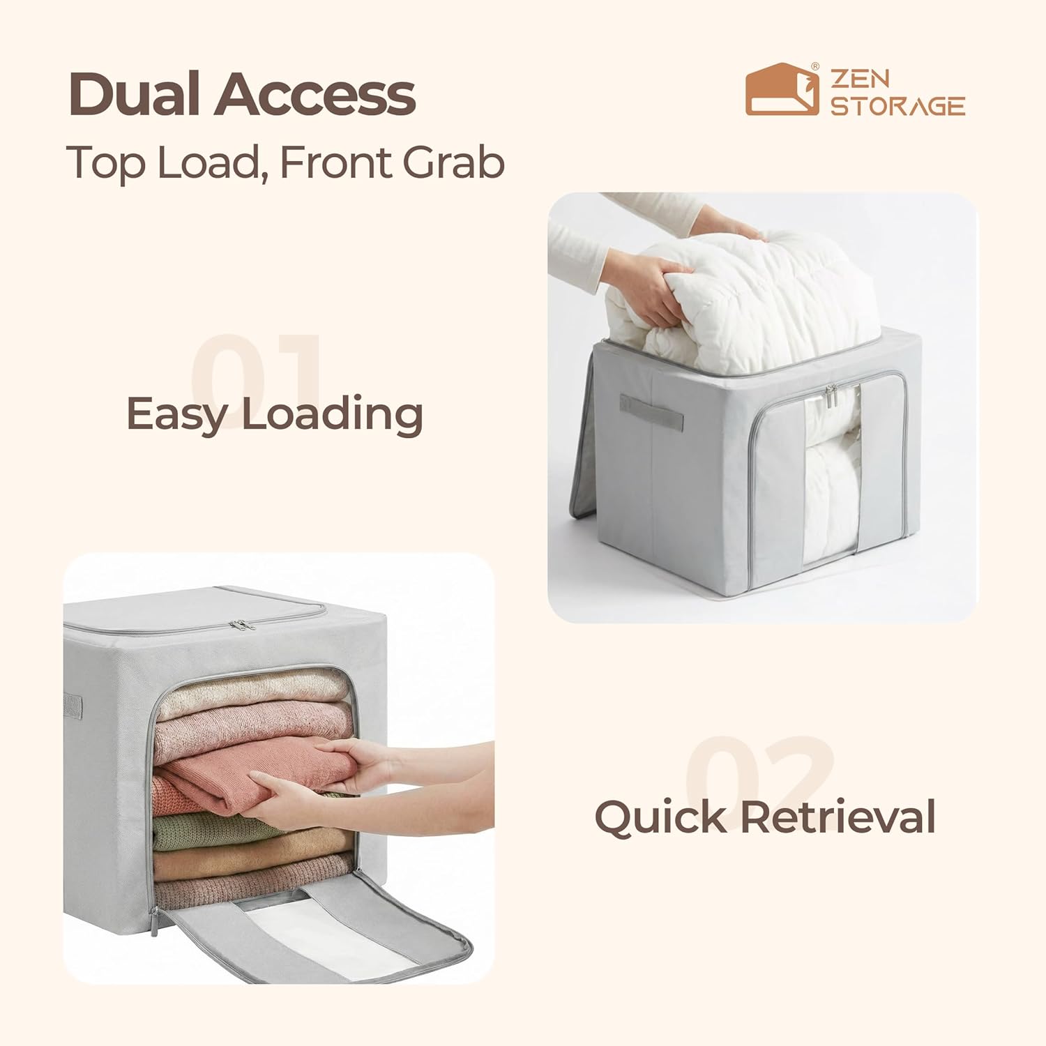 2Pack 40L Clothes Storage Bins with Metal Frame, Foldable Oxford Fabric Closet Organizers and Storage for Bedroom Shelf & Closet Top, Underbed Storage Containers for Blankets & Sweaters, Grey