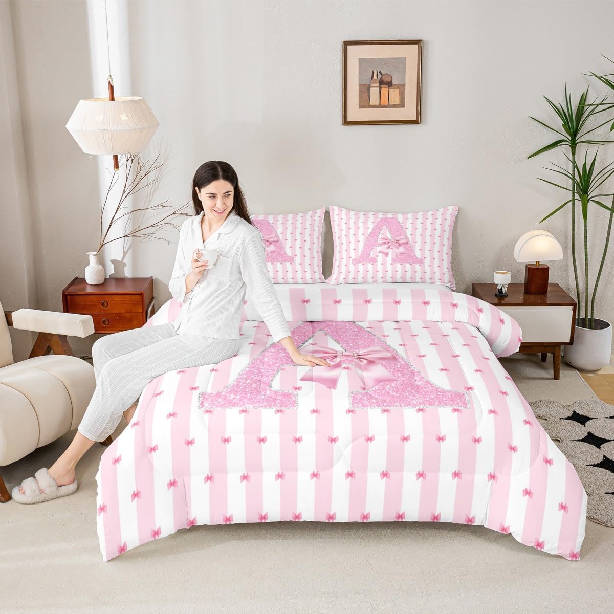 Erosebridal Pink Bowknot Girls Twin Comforter Set Initial Letter A Bedding Set Romantic Dreamy Bow Knot Quilt for Kids Adult Teens Bedroom Kawaii Bow Princess Bedding Comforter Sets - Image 5