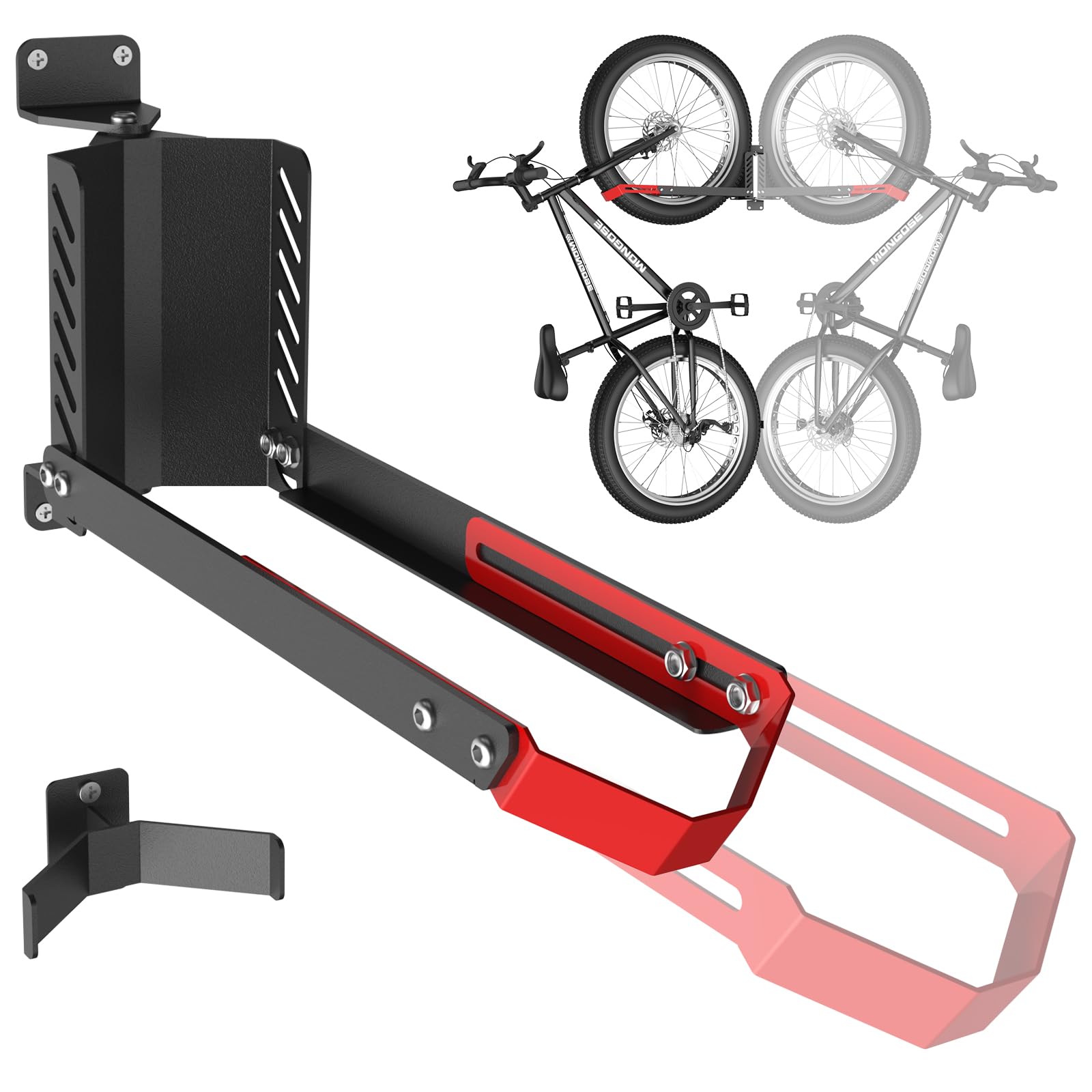 Hochwertige 160° Schwenkbare Fahrrad Wandhalterung, Fahrradständer ohne Schweres Heben, Verstellbare Faltbare Wandhalterung für Platzsparende Aufbewahrung,Passend für 20"-29" Reifen(rot/schwarz)