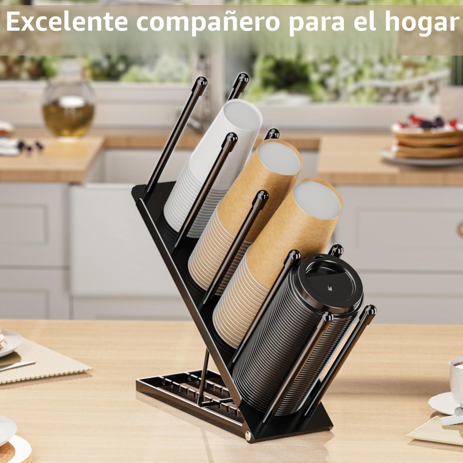 JANE EYRE Portavasos y portavasos ajustable – Organizador portavasos café con dispensador para desechable de 4 compartimentos cesta porta pajitas monodosis para estación de café bar de metal, negro
