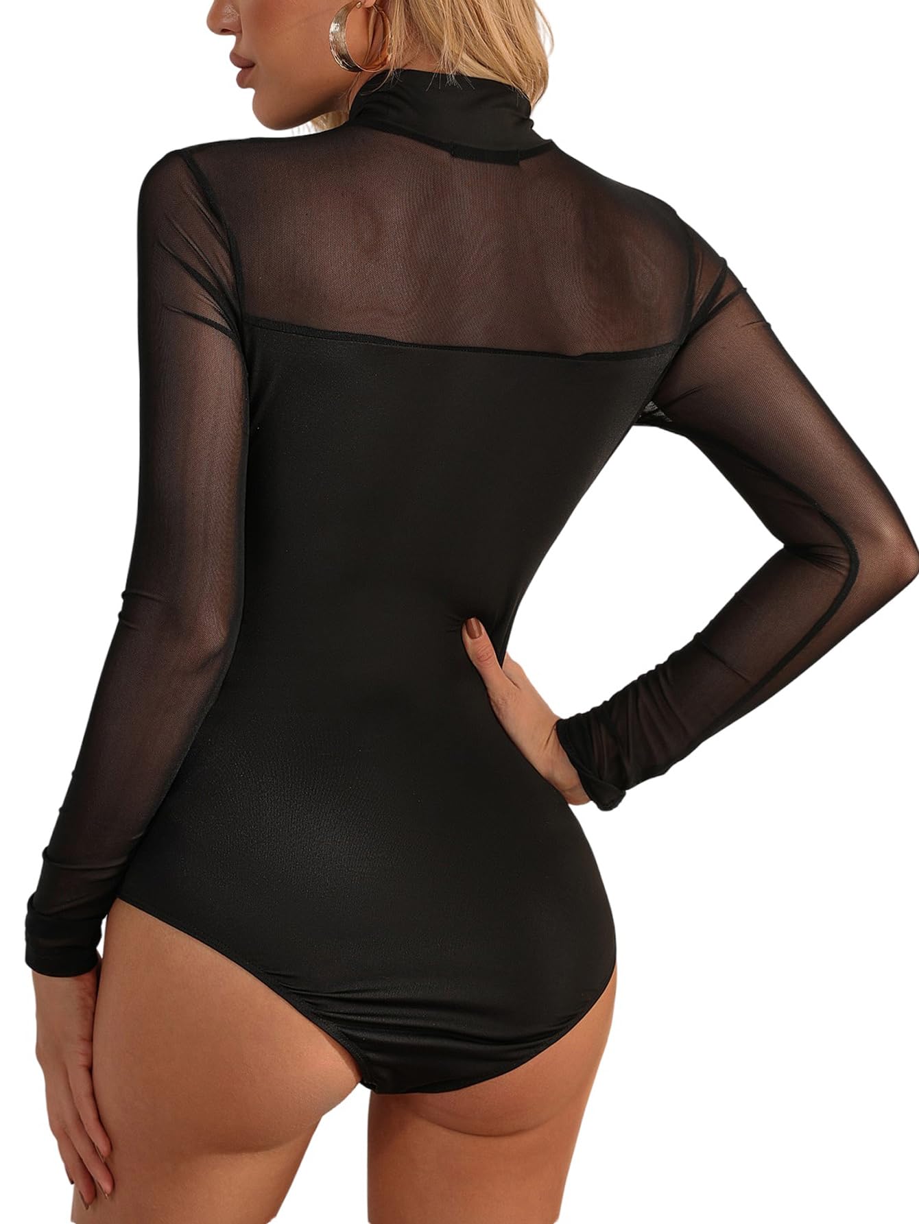 GORGLITTER Body da donna a maniche lunghe, elegante, in rete, con strass, sexy, a maniche lunghe, con colletto rialzato