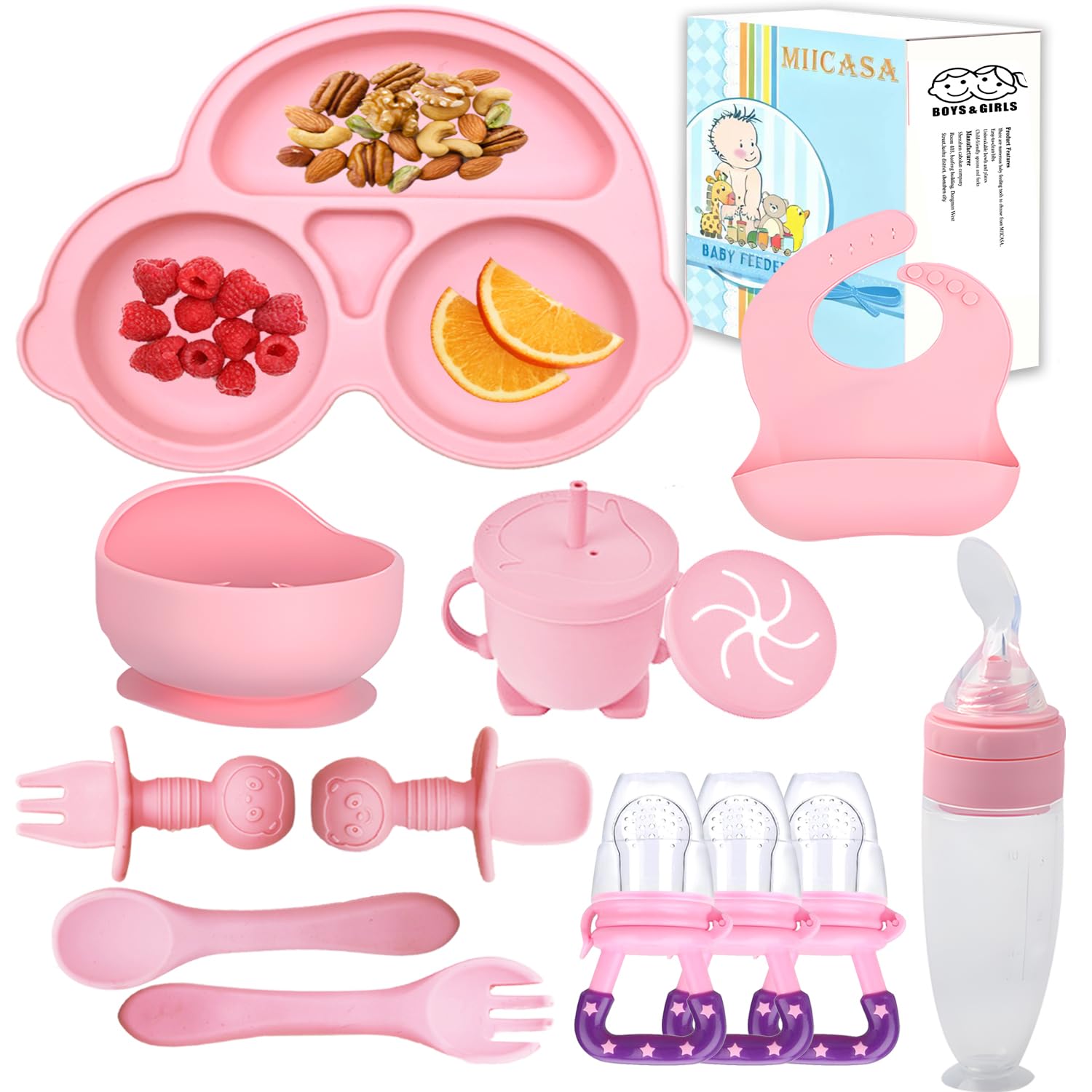 Silicone Baby Feeding Set,Miicasa Baby Led Weaning Supplies Kit With Suction Bowl & Car Plate, Bib, Spoon, Fork, Cup - Food-Grade Silicone,