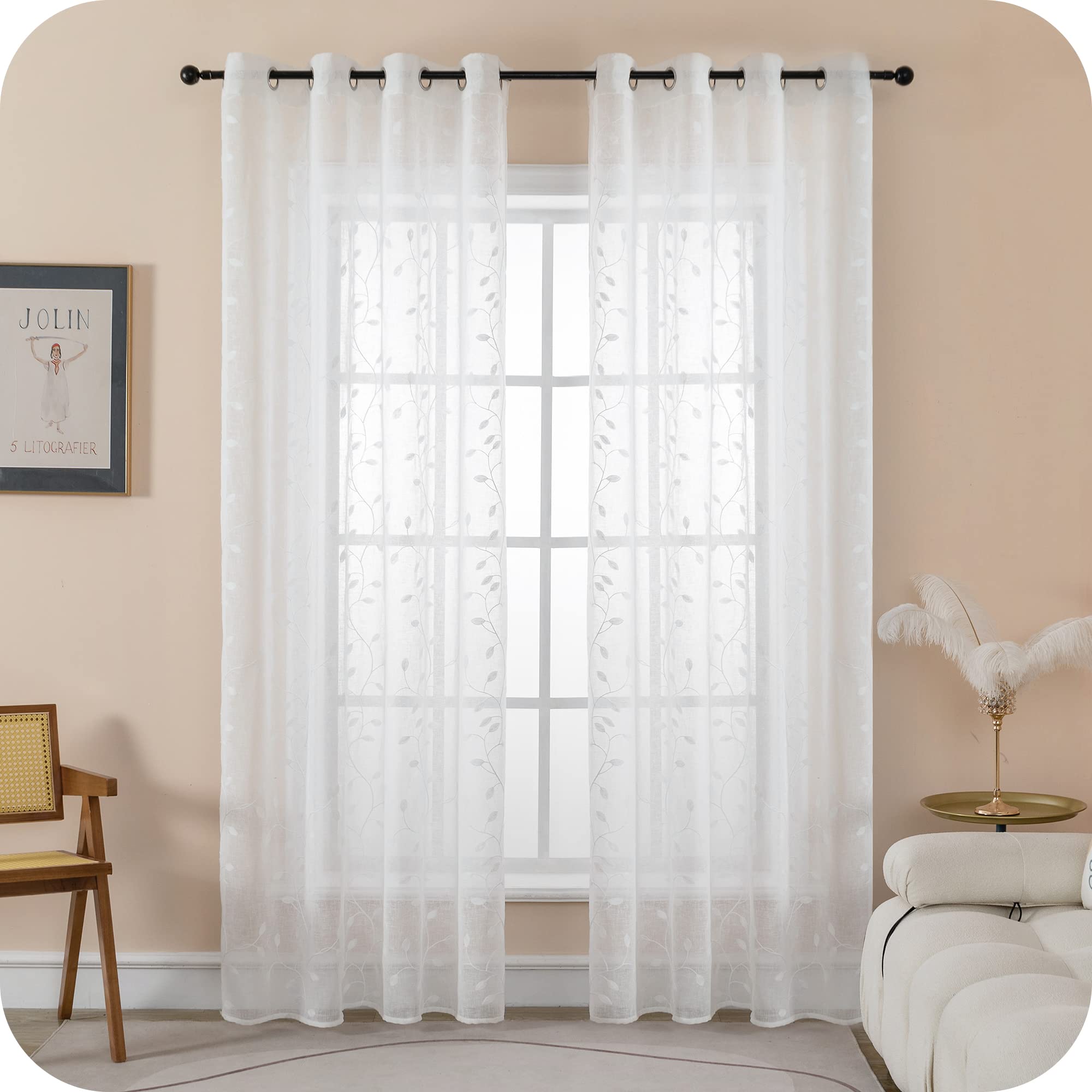 GIRASOLE HOME® Coppia Tende Filtranti in Simil Lino Fantasia Rampicanti Tenda per Interni 2 Pannelli con Occhielli (Bianco, 140x280cm)