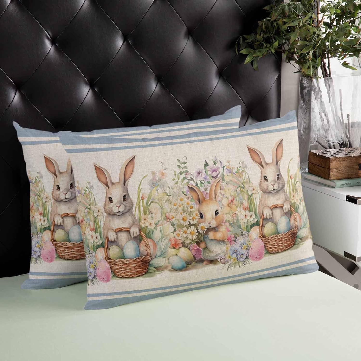 Pillow Covers 24x36 Inch - Body Easter Bunny Colorful Eggs Watercolor Flowers Blue Stripes Soft Brushed Microfiber Pillowcases with Hidden Zipper Closure Bed Pillow Shams for Bedroom Sofa Car, 1pcs