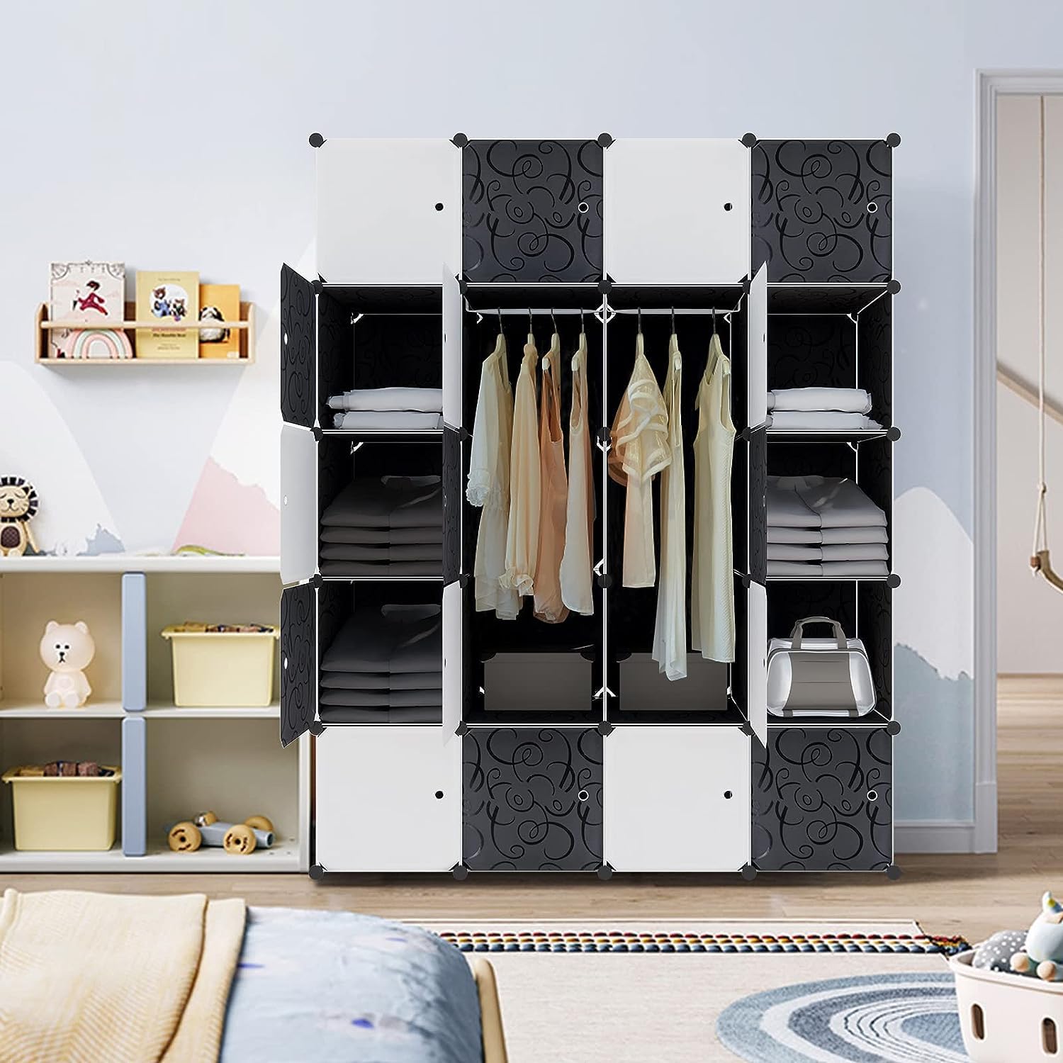 HENGMEI Armoire à 20 cubes en plastique polypropylène, porte-vêtements portable avec 2 tringles à vêtements pour vêtements, livres, jouets 145 x 178 x 37 cm