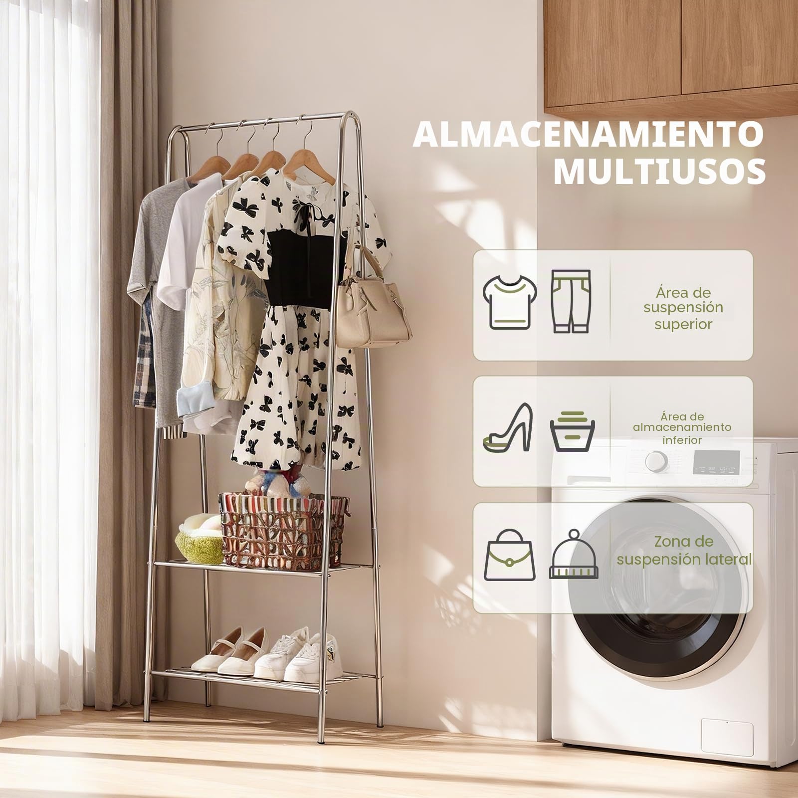 Perchero metálico, perchero con zapatero, barra para colgar ropa Para dormitorios, salones u otras habitaciones pequeñas