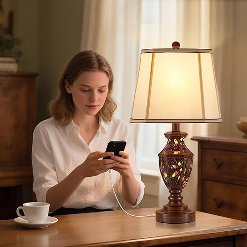 Miniatura 5 de Lámparas para mesitas de noche, juego de 2 a 23.5 pulgadas, lámpara de noche vintage con USB A+C y luz nocturna, lámpara de escritorio de resina