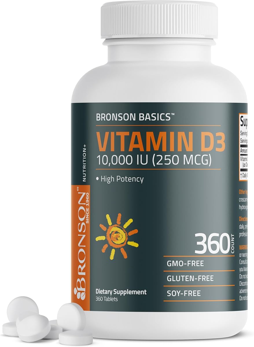 Bronson Vitamina D3 10,000 UI (250 mcg) Apoyo inmunológico y muscular, 360 tabletas | Soporte para huesos y dientes, sin OGM, sin gluten y sin soja
