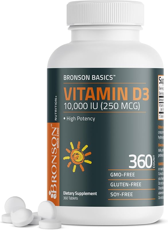 Bronson Vitamina D3 10,000 UI (250 mcg) Apoyo inmunológico y muscular, 360 tabletas | Soporte para huesos y dientes, sin OGM, sin gluten y sin soja