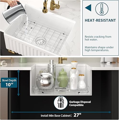 Vista 12 de Fregadero de 33 unidades de arcilla refractaria de 33 x 20 x 10 pulgadas, color blanco, fregadero de cocina de porcelana de cerámica, estilo casa