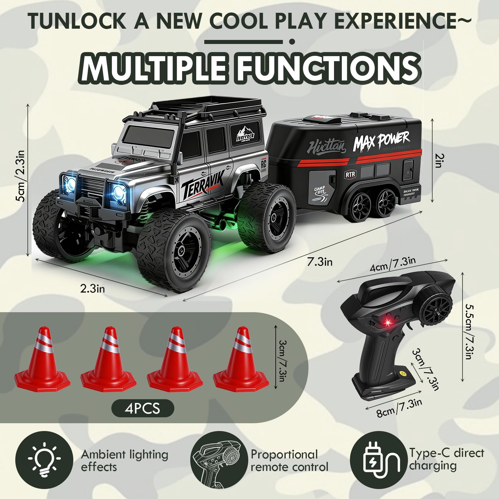 RC Fuoristrada Drift Car 1:64 Mini Crawler con rimorchio Tabletop RC Off-Road Car, auto telecomandata 2.4G con luci a LED, giocattolo da corsa per adulti e bambini