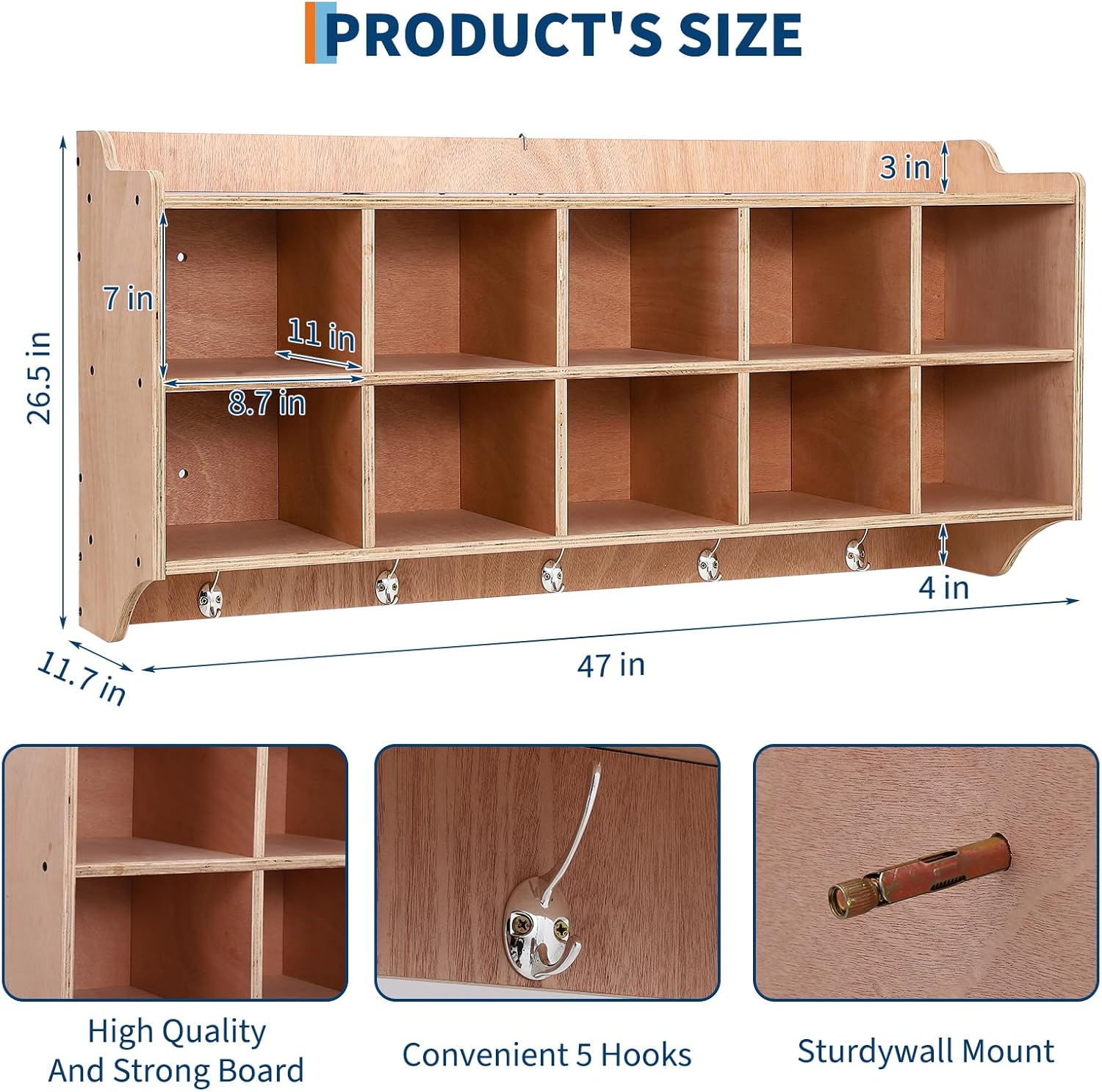 Cubby Storage Organizer Cubes, Daycare Shelves with 10 Cubbies Shoe Layer with Hooks and Shelf, Hanging Wall Mount, Furniture for Kids Toys, Classroom, 47Inch Width